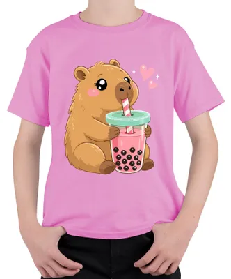 Immagine prodotto di T-shirt per bambini con la scritta "Kawaii Capybara Boba Bubble Tea Süß Wasserschwein Japan Nagetier", colore rosa, taglia 116