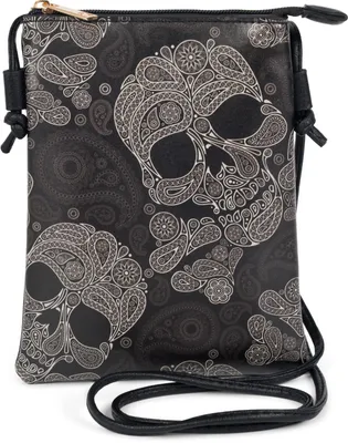 Produktbild von styleBREAKER Damen Mini Bag mit Sugar Skull Totenkopf Print | kleine Umhängetasche Crossbody Handytasche Schultertasche Gothic Festival Tasche 13,5 x 19 cm
