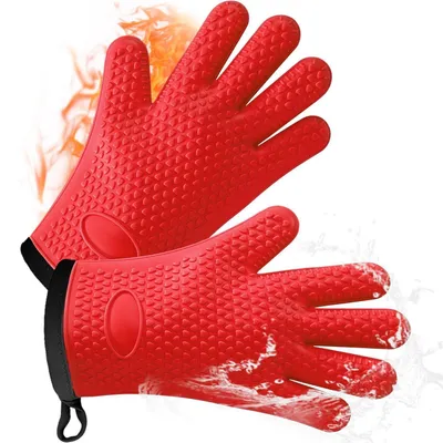 Produktbild von 2er Set Ofenhandschuhe Silikon Hitzebeständig Baumwoll-Innenfutter Rutschfest bis 240°C Rot Kurz