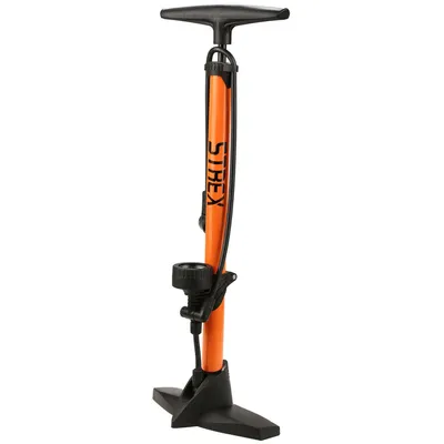 Produktbild von Strex Fahrradpumpe alle Ventile - Druckmesser / Manometer - 11 Bar - Ballpumpe - Orange - Standluftpumpe