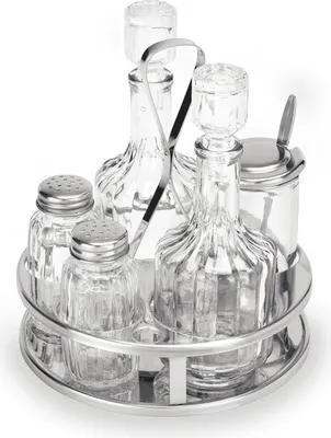Produktbild von 8x Menage Essig und Öl, Senfglas mit Löffel, Salz und Pfeffer Edelstahl