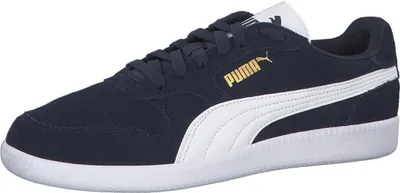 A single navy blue Puma sneaker with white accents and gold branding is shown against a white background.