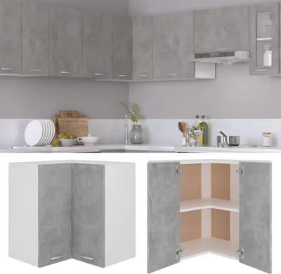 A collage showing a kitchen corner with cabinets and a separate image of a corner cabinet with doors open.