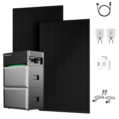 Produktbild von Balkonkraftwerk mit Speicher, Sunpura S2400 mit B2400 Erweiterungsakku, 1000W Solarpanel, Smarter Zähler & 2x Plug, 2x Balkon-Halterung Silber 0% VAT