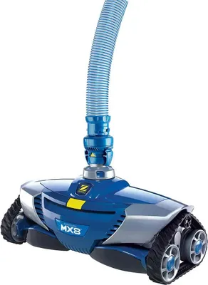 A blue and silver pool cleaner with a blue hose attached, shown against a white background.
