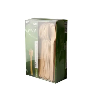 A box of wooden forks is shown.