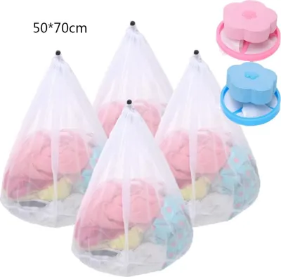 Immagine prodotto di 4 sacchetti a rete per il bucato + 2 sacchetti filtranti, sacchetti per il bucato con cordoncino, sacchetti a rete riutilizzabili, adatti per cappotti, maglioni, calzini, ecc., 50×70 cm