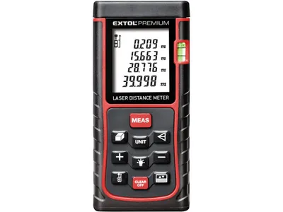 A laser distance meter is shown against a white background.