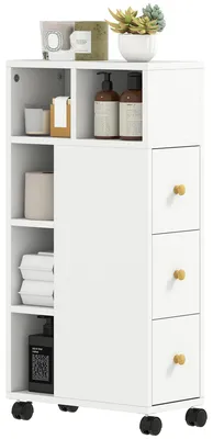 Imagen del producto de Mueble de baño estrecho HOMCOM con 4 ruedas, 3 cajones y 5 estantes abiertos, color blanco