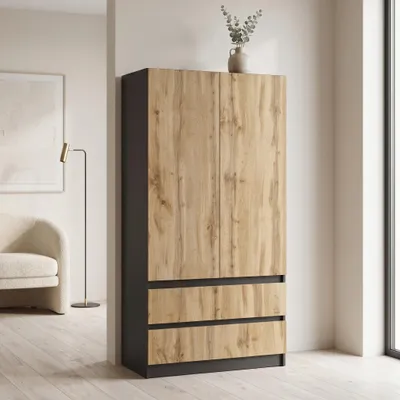 Produktbild von Kleiderschrank Novela, Anthrazit / Wotan2-türig | Moderner Schlafzimmerschrank 90 x 180 x 50 cm | Garderobenschrank für Flur & Kinderzimmer, Geräumig