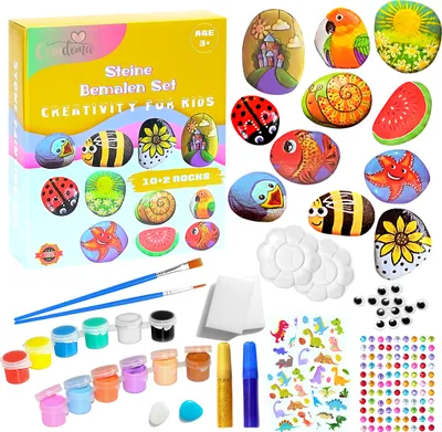 Produktbild von Steine zum Bemalen DIY Set mit 10+2 Steine | Bastelset Kinder ab 3 Geschenk Kindergeburtstag | Rock Paint Kit mit Aufkleber und Pinsel Kreativ Malen