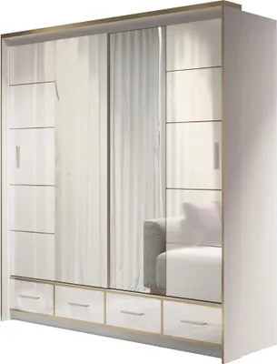 Produktbild von BETTSO Schwebetürenschrank 203 cm mit Spiegel 4 Schubladen und Kleiderstange Schlafzimmer Wohnzimmerschrank Schiebetüren Weiß+Weiß Glänzend BAMAS