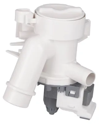 A white washing machine drain pump is shown against a white background.