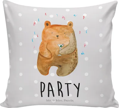 Produktbild von Mr. & Mrs. Panda Kissen 40x40 Bär Party - Grau Pastell - Geschenk, Geburtstag, Sofa, Teddy, Lustig, kuschelkissen, Gemütliches, Geburtstagsgeschenk, Polster, für