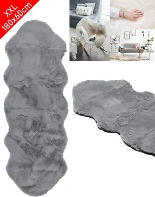 Produktbild von XXL Lammfell 180x60cm Teppich Kunstfell Bettvorleger Schaffell Imitat Doppelfell Anthrazit