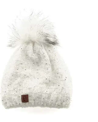 Produktbild von Faera Mütze zum Warmhalten im Herbst oder Winter Bommel-Mütze mit Perlen Weiß