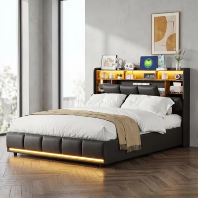 Produktbild von INONEFT Polsterbett 140 x 200 cm mit LED-Beleuchtung, Hydraulisches Boxspringbett mit Stauraum, Doppelbett mit Stauraumkopfteil und Lattenrost, PU