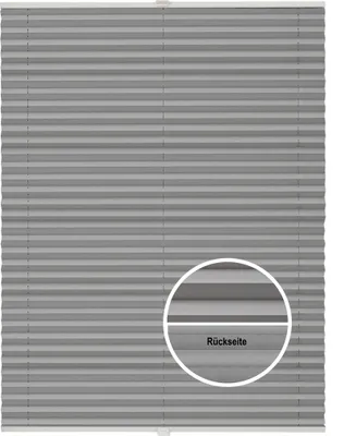 A close-up view of a gray pleated blind with a magnified inset showing the texture and the word "Rückseite" (backside).