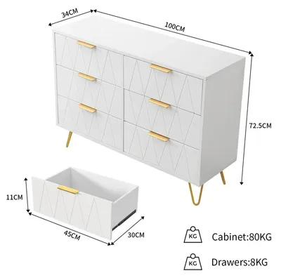 Immagine prodotto di Comò - Credenza - 6 cassetti - Stile moderno minimalista - Struttura in legno - Per soggiorno, camera da letto, ingresso - Bianco