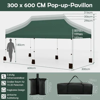Produktbild von Pop-Up-Überdachungszelt 300 x 600 cm, höhenverstellbar, grün