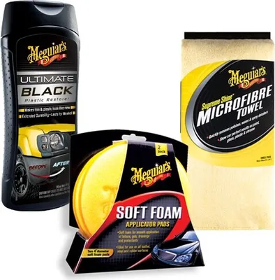 Produktbild von Meguiar's® Ultimate Black Plastic Restorer + Meguiar's® Soft Foam Applicator Pads + Supreme Shine Microfiber Handtuch