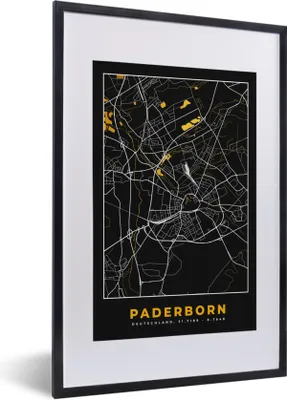 Produktbild von MuchoWow® Gerahmtes Poster Schwarz und Gold - Stadtplan - Paderborn - Deutschland - Karte 40x60 cm - Poster mit Schwarzem Bilderrahmen Wandposter Rahmen Foto Bilder - Poster in Rahmen