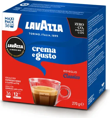 A box of Lavazza A Modo Mio coffee capsules with a cup of espresso shown.