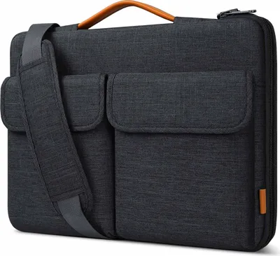 A dark gray laptop bag with brown leather accents and a shoulder strap.