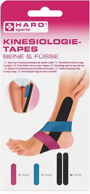 Produktbild von HARO Kinesiologie-Tapes "Beine & Füße" farbig sortiert atmungsaktiv 4 Stück