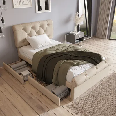 Produktbild von MODFU Polsterbetten 90x200 mit höhenverstellbarem Kopfteil,Stauraumbett mit 2 Schublade,Bettrahmen Jugendbett mit Lattenrost,ohne Matratze,Natürlich