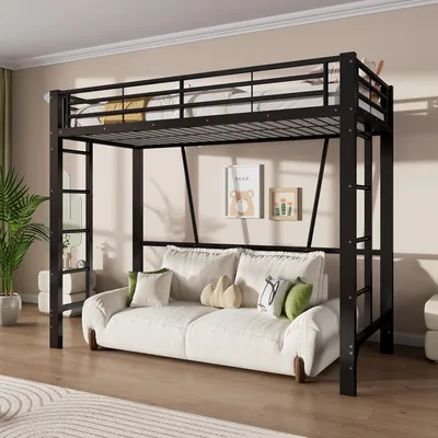 Zdjęcie produktu dla Łóżko piętrowe 90x200 cm z 2 schodkami, metalowe łóżko piętrowe z barierami ochronnymi, łóżko dziecięce/młodzieżowe z elastycznym stelażem, czarne łóżko piętrowe