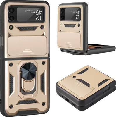Produktbild von Samsung Galaxy Z Flip3 2021 Hülle mit 360°Drehbarer Magnetische Ring Ständer Halter Dia Kameraschutz TPU Bumper Silikon Schutzhülle für Samsung Galaxy Z Flip 3 5G Gold