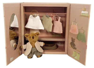 Produktbild von Puppenschrank mit kleinem Bären und 6 Outfits