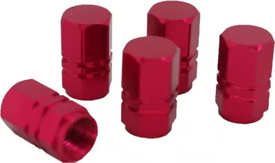 Produktbild von 5 Ventilkappen einfarbig rot Sechskant mit Zierstreifen aus Aluminium