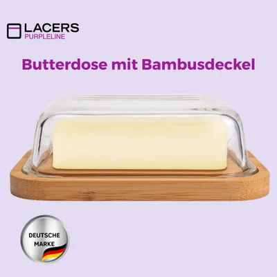 Produktbild von Lacers Purpleline 640ml Butterdose aus Glas mit Bambusdeckel – nachhaltige Butterglocke, BPA-freies robustes Küchenaccessoire