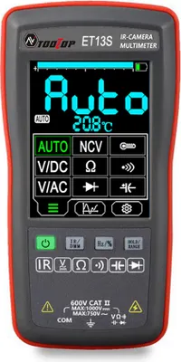Zdjęcie produktu dla Multimetr z kamerą termowizyjną ET13S 2 w 1, rozdzielczość 192 x 192 IR, 10 000 zliczeń, multimetr, 2,8-calowy ekran dotykowy, -20 ¡C do 550 ¡C, pomiar temperatury, kamera IR z automatycznym testem, śledzenie hotspotów, analiza PC, 5 palet kolorów, funkcje personalizacji
