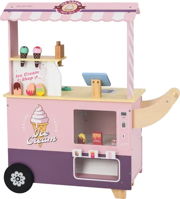 Produktbild von DREAMADE Kinder-Eiswagen-Spielzeug mit 15 Teilen, Eisstand mit automatischem Spender, Theke und Kasse, mobiler Eiswagen für Kinder ab 3 Jahren, Rosa