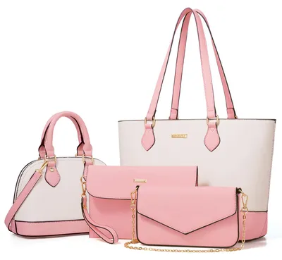 Produktbild von MODFU 4 tlg Umhängetasche Schultertasche mit Reißverschlüsse Shopper Tasche ,Handtasche Groß Schultertasche Kunstleder, Rosa+Weiß