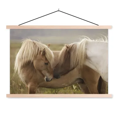 Obrázek produktu pro MuchoWow® Textilní plakát - Koně - Tráva - hnědá - 60x40cm - S hnědými lamelami