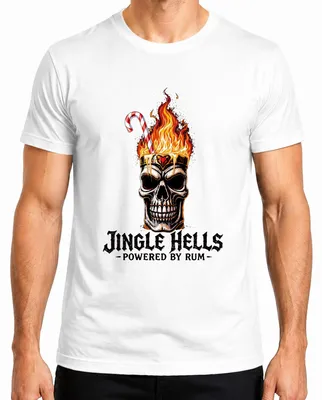 Produktbild von Jingle Hells Powered by Rum Totenkopf Flammen Weihnachten Skull Herren T-Shirt, Weiß, S