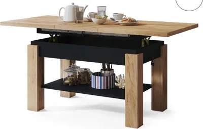 A coffee table with a wooden top and black base, set against a white background.