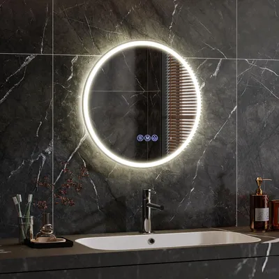 Produktbild von Koonmi runder LED Badspiegel 50 cm, dimmbar, Wandspiegel mit 3 Lichtfarben, Antibeschlagfunktion und bruchsicherem Glas für Badezimmer und Waschtisch