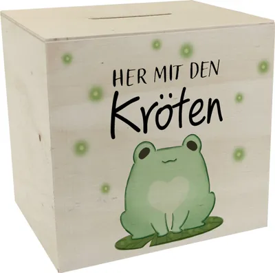 Produktbild von Frosch Spardose aus Holz mit Spruch Her mit den Kröten