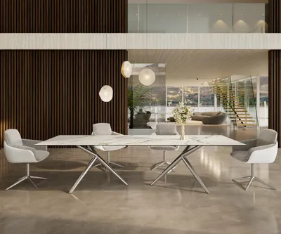 Produktbild von DELIFE Esstisch Edge 300x100 Keramik Calacatta Luxe Weiß-Gold-Grau Estelar rund Edelstahl