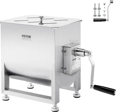 Zdjęcie produktu dla Ręczny mikser do mięsa VEVOR, sprzęt do przetwarzania mięsa ze stałym zbiornikiem o pojemności 20 l (mieszanie maks. 30 lbs mięsa), mikser do mięsa ze stali nierdzewnej, z reduktorem przekładni z uchwytem pokrywy