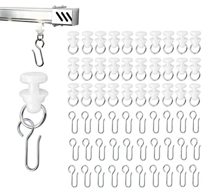 Image de Lot de 100 roulettes et crochets pour rideaux – 50 roulettes en plastique et 50 crochets en métal pour tringles à rideaux standard – Idéal pour les rideaux, les rideaux de douche et les cloisons de séparation.