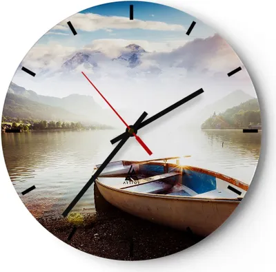 Produktbild von Wanduhr - Rund - Glasuhr - Berge See Boot - 30x30cm - Schleichendes Uhrwerk - Lautlos - zum Aufhängen bereit - Dekoration Modern - Wanddekoration aus Glas - C3AR30x30-3927