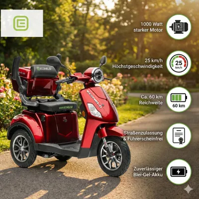 Produktbild von E-Seniorenmobil Yogi-IQ, Blei-Akku, 3-Rad, 1000 Watt, Rot