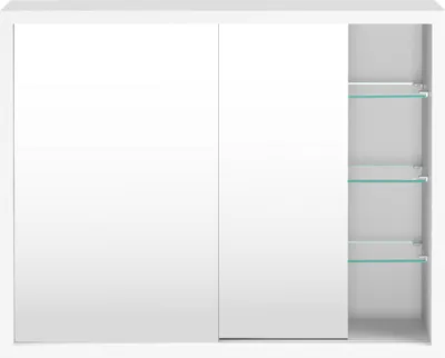 A white medicine cabinet with sliding doors and glass shelves.