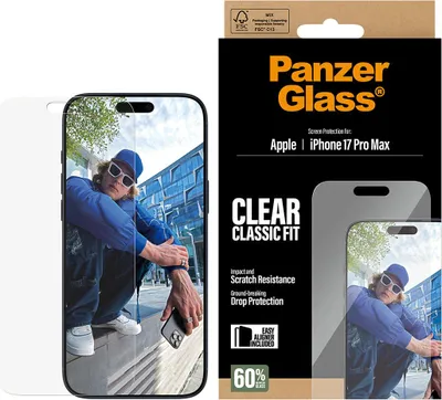 Zdjęcie produktu dla PanzerGlass ® Screen Protector iPhone 17 Pro Max | Classic Fit w. EasyAligner, Apple, Apple - iPhone 17 Pro Max, Aplikacja na sucho, Odporny na zadrapania, Odporny na wstrząsy, Przezroczysty, 1 szt.